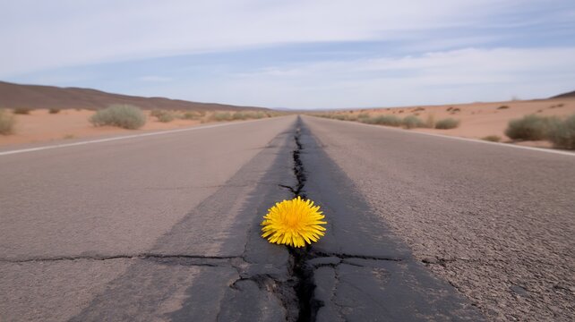 Yellow flower growing through cracked asphalt road in dry desert landscape