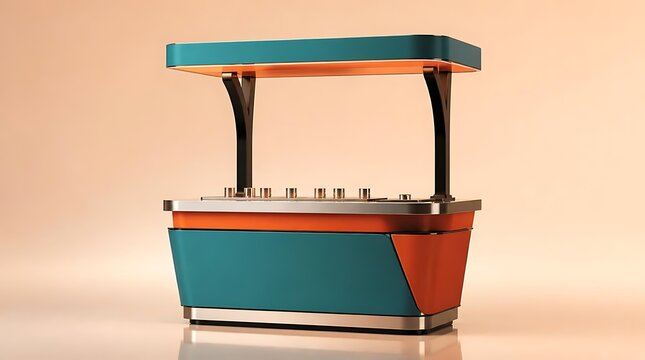 Retro concession stand with colorful design and illuminated top.