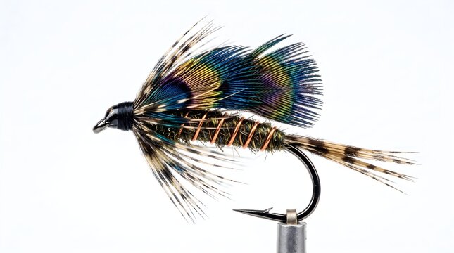 Handcrafted fishing fly with peacock feathers, traditional wet fly for trout fishing, ornate salmon fly lure with iridescent hackle isolated on White Background