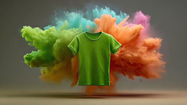 Vibrant Green T-Shirt Surrounded by Explosive Colorful Powder Burst in Artistic Display of Fashion and Creativity