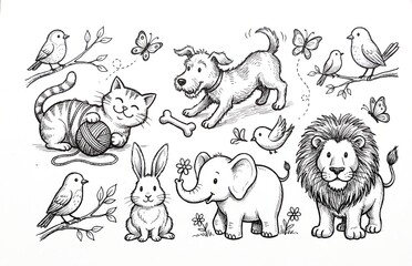 Obraz premium Cute Hand Drawn Animals Coloring Page Illustration