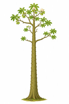 Cartoon Kapok Tree with Tall Trunk and Sparse Green Leaves