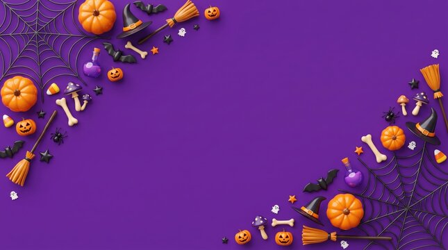 Halloween decorations: pumpkins, witch hats, brooms, arranged flat lay, top-down on a violet / purple background with copy space.