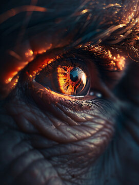 Hyperrealistic photo of a seniors eyes reflecting a flickering fire as they narrate a story, focusing on the eyes and the reflective light, symbolizing insight and wisdom