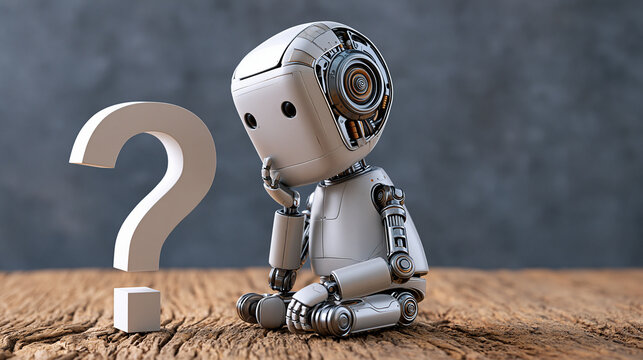 Confused small robot sitting beside a question mark symbol in a dark workshop, artificial intelligence uncertainty, lonely mechanical character, automation problem solving,
