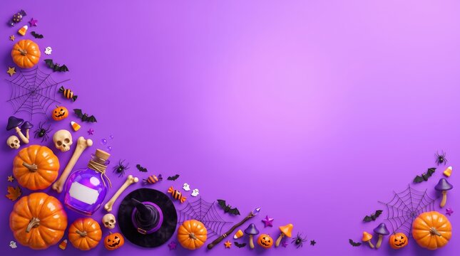 A flat lay, top-down shot of festive halloween decorations, with pumpkins and spooky items arranged on a rich violet / purple background, offering ample copy space.