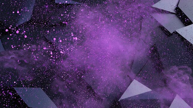 Purple powder explosion in slow motion against dark geometric surface dynamic abstract motion