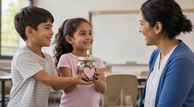 Children Donating Coin Jar with Heart to Teacher in Classroom