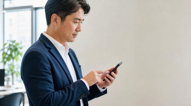 Asian Businessman Using Smartphone in Modern Office