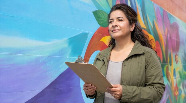 Latina Woman with Clipboard Standing by Colorful Mural