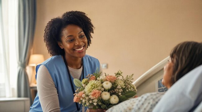 Nurse Bringing Flowers to Patient in Hospital Room