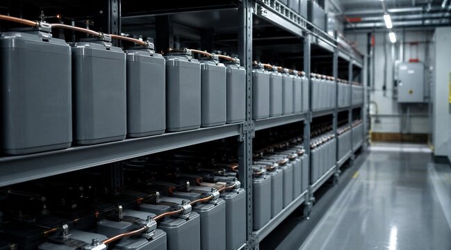 Industrial Battery Storage Room with Rows of UPS Batteries
