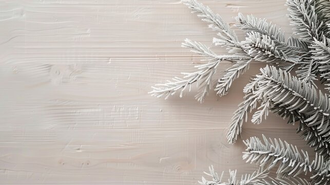 A clean minimalist Christmas background, pale birch wood background with a delicate frosted pine branch silhouette, soft neutral taupe and white palette, modern Scandinavian interior styling 