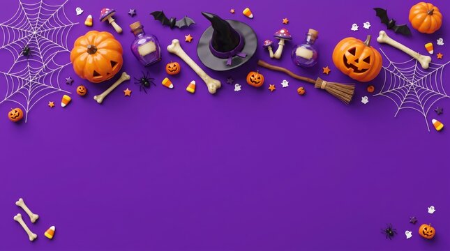 Halloween decorations (pumpkins, witch hat, spiderwebs) arranged flat lay, top-down on violet / purple background, copy space.