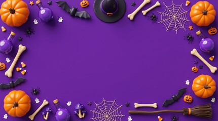 A vibrant flat lay, top-down view of halloween decorations: pumpkins, witch hat, bats, forming a border with copy space on a violet / purple background.