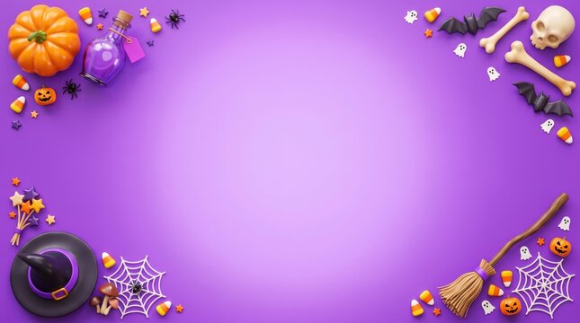 Flat lay, top-down view of festive halloween decorations, including pumpkins, witch hats, and candy, arranged on a violet / purple background, with ample copy space.