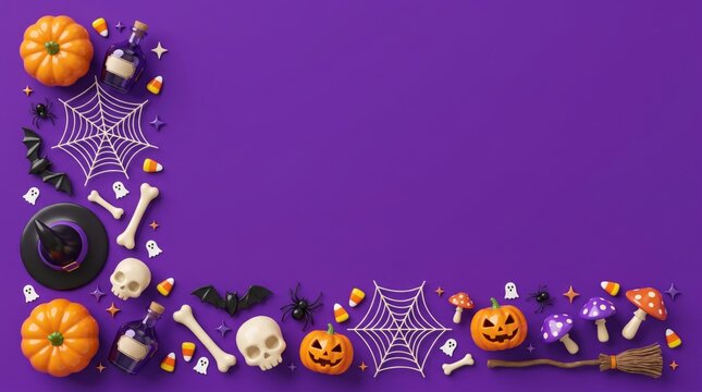 A festive flat lay, top-down view of various halloween decorations including pumpkins, spiderwebs, and witch hats, artfully arranged on a purple / violet background with copy space 