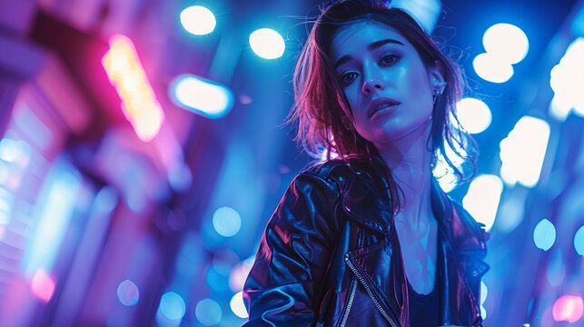 A moody, cinematic lifestyle portrait of a stylish woman standing against a backdrop of neon city lights at night, wearing a sleek leather jacket, exuding confidence, passion
