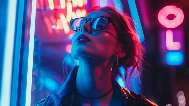 A moody, cinematic lifestyle portrait of a stylish woman standing against a backdrop of neon city lights at night, wearing a sleek leather jacket, exuding confidence, passion