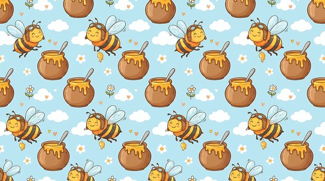 Adorable Flying Bee and Honey Pot Seamless Cartoon Pattern for Children bee honey jar seamless pattern kawaii cartoon kids green background cute fabric wallpaper wrapping paper nursery textile honey