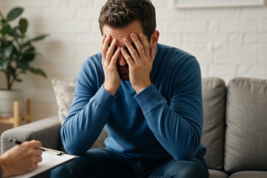 Man experiencing emotional distress while sitting on a couch, symbolizing mental health and therapy.