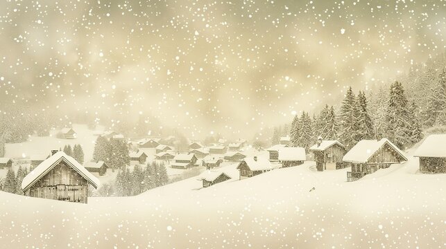 A nostalgic vintage Christmas illustration background of a snow-covered alpine village, soft sepia and cream color palette, gentle falling snow, retro storybook aesthetic
