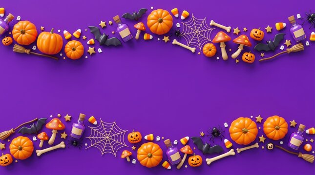 Vibrant flat lay, top-down view of halloween decorations: pumpkins, bats, candy corn, framing central copy space on a violet / purple background.