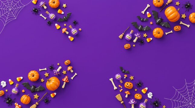 Flat lay, top-down view of halloween decorations (pumpkins, bats, candy) forming a corner border on a violet / purple background with copy space.