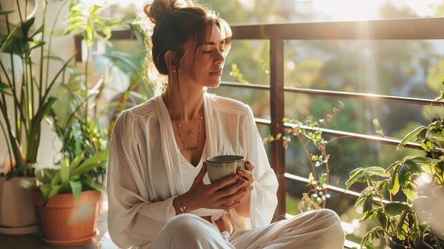 A serene lifestyle shot of a woman in minimalist loungewear enjoying a quiet morning ritual on a sun-drenched balcony, holding a ceramic mug, surrounded by lush green potted plants