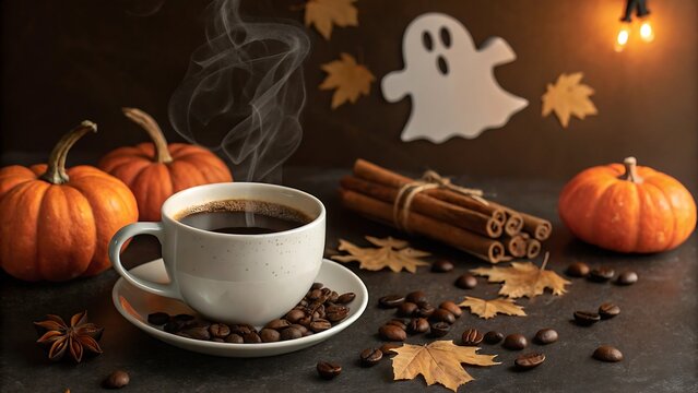 Steaming cup of coffee with pumpkins and cinnamon for Halloween seasonal beverage promotion