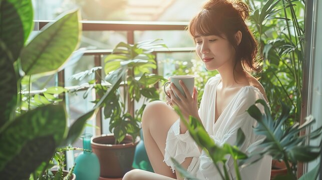 A serene lifestyle shot of a woman in minimalist loungewear enjoying a quiet morning ritual on a sun-drenched balcony, holding a ceramic mug, surrounded by lush green potted plants