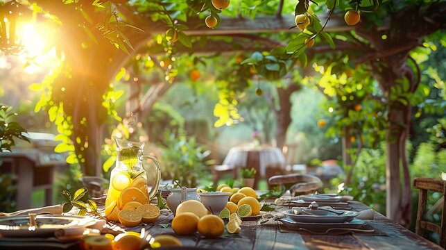 A sunlit outdoor dining table set under a rustic pergola covered in lush green vines, a pitcher of lemonade with fresh citrus slices, ceramic plates