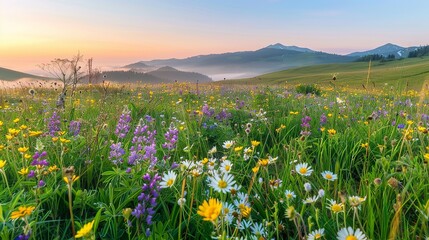 Obraz premium A wide, breath-taking view of a rolling green meadow bursting with colorful wildflowers yellow buttercups