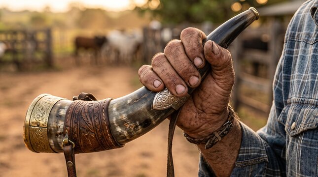 M&atilde;o segurando berrante decorado em fazenda de gado ao amanhecer