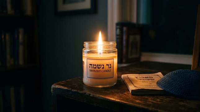 Jewish Yahrzeit Memorial Candle Burning on Table with Kippah and Siddur