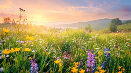 Naklejka premium A wide, breath-taking view of a rolling green meadow bursting with colorful wildflowers yellow buttercups
