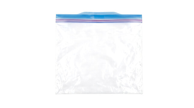 Empty plastic ziplock bag with a blue seal