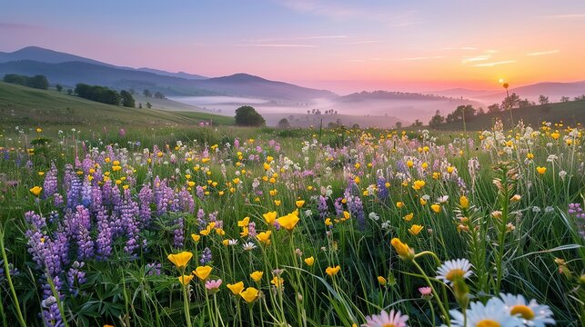 A wide, breath-taking view of a rolling green meadow bursting with colorful wildflowers yellow buttercups.