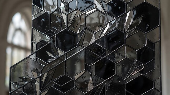 A close-up view of a dark, geometric stained glass panel featuring a complex pattern of interlocking black and grey hexagonal shapes