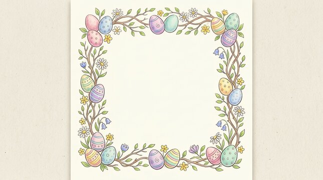 Hand Drawn Square Easter Border Frame With Soft Pastel Decorated Eggs Delicate Spring Tree Branches Leaves Floral Holiday Greeting Template Light Background easter frame pastel eggs spring branches