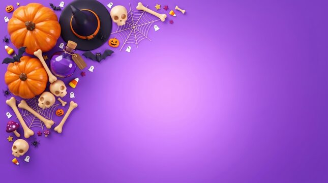Halloween decorations with pumpkins, witch hat, skulls, flat lay, top-down on a violet / purple background with copy space.