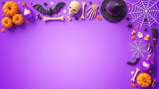 Flat lay, top-down view of halloween decorations (pumpkins, witch hat), framing copy space on vibrant violet / purple background for spooky mood.