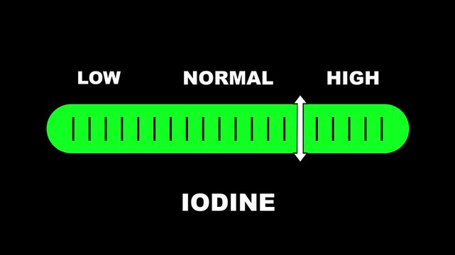 Iodine level indicator scale. Low normal high meter infographic animation on black background. Showing high iodine level color gauge indicator for nutrition and thyroid health monitoring.