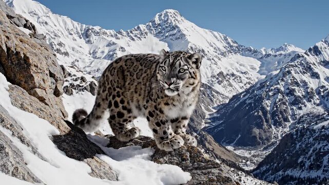 Snow leopard climbing rocky mountain terrain during natural daylight with cinematic motion