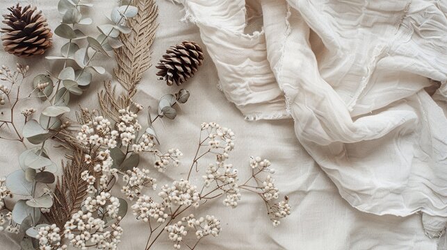 Neutral winter botanical flat lay background, dried eucalyptus branches, pinecones, and white winter florals resting on raw textured linen fabric, muted earthy tones, calm minimalist aesthetic