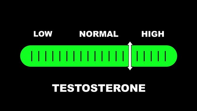 Testosterone level indicator scale. Low normal high meter infographic animation on black background. Showing high testosterone level color gauge indicator for hormone balance and health monitoring.