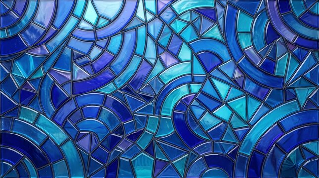Vivid blue stained glass window texture with intricate floral geometric patterns for design backgrounds