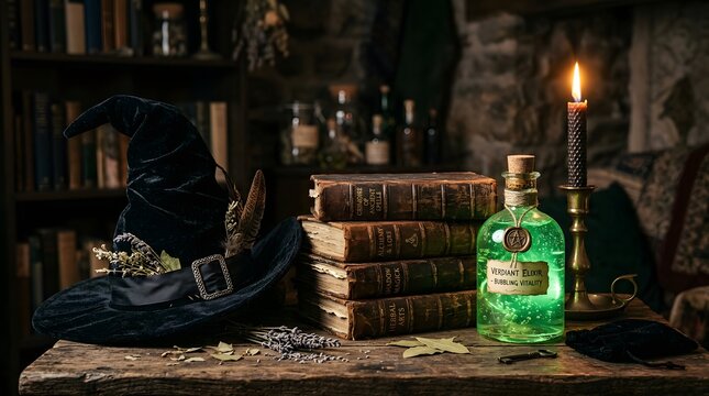 Verdiant elixir bottle with stack of magic books and witch hat.