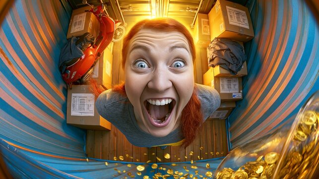 Excited young woman holding a jar full of golden coins with shipping boxes and a scooter in the background, fisheye lens view
