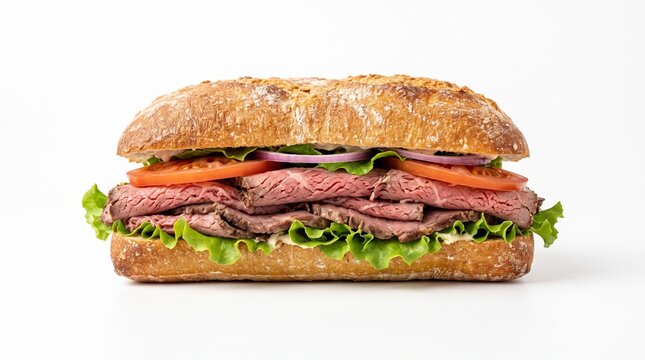 Roast beef sandwich with vegetables on white background